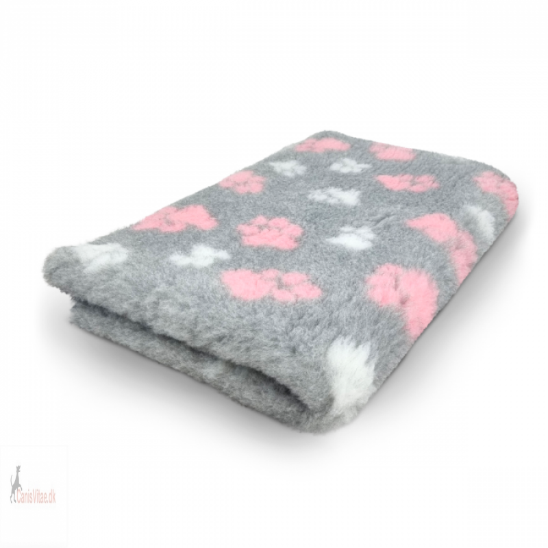 Vet Bed, grå med pink & hvide poter. 150 x 100 cm